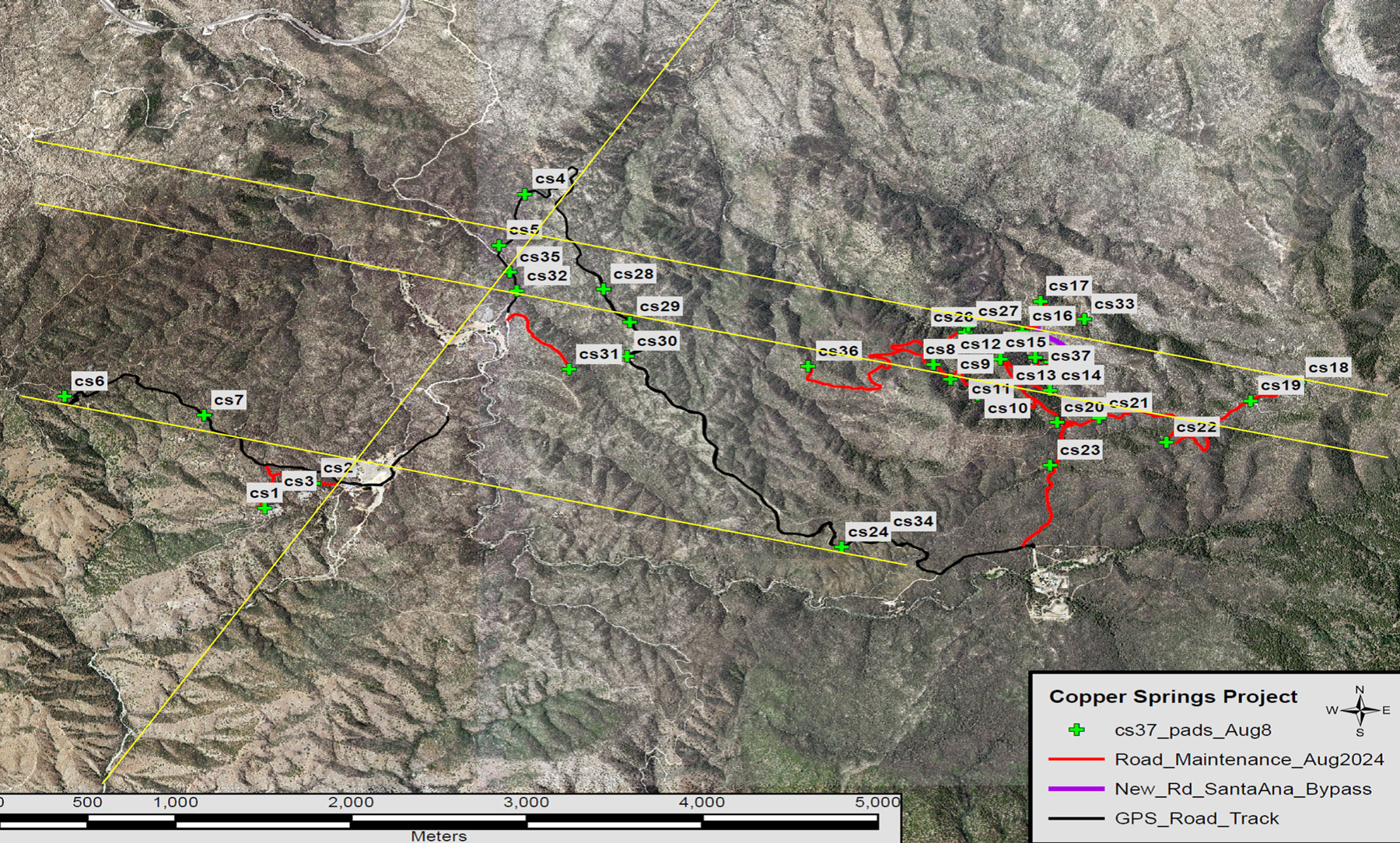 Copper Springs Project drilling pad locations and road access map showing planned drill sites